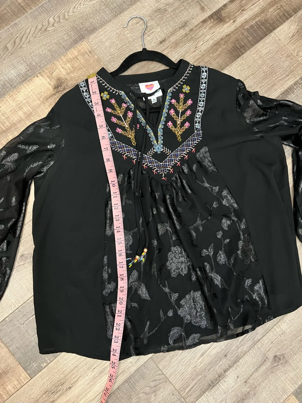 Black Embroidered Peasant Blouse with Beaded Tie and sheer jacquard sleeves M